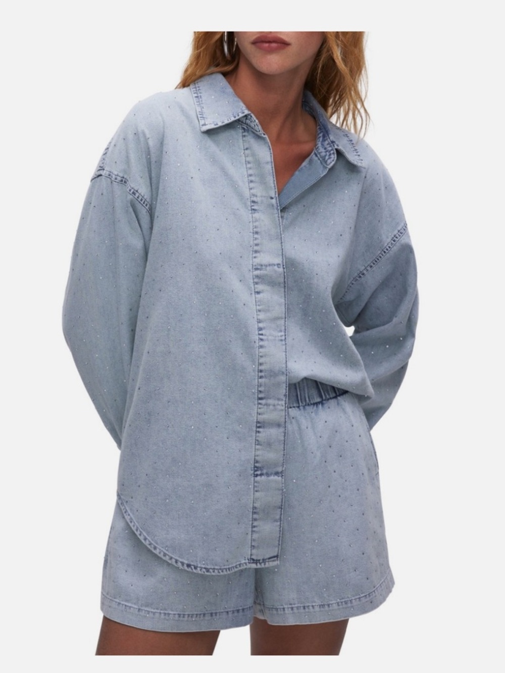 good american sequin denim button down NWT